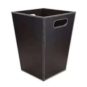 KINGFOM Classic Pu Leather Trash Can Wastebasket, Garbage Container Bin with Handles for Bathrooms, Powder Rooms, Kitchens, Home, Office and and High Class Hotel Square Brown