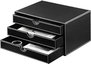 YAPISHI Leather Desk Organizer with 3 Drawers, Executive Office Supplies Desktop Filing A4 File Cabinet/Holder, Stackable Storage Box for Jewelry/Bill/Paper/Documents/Makeup Home Decor Accessories